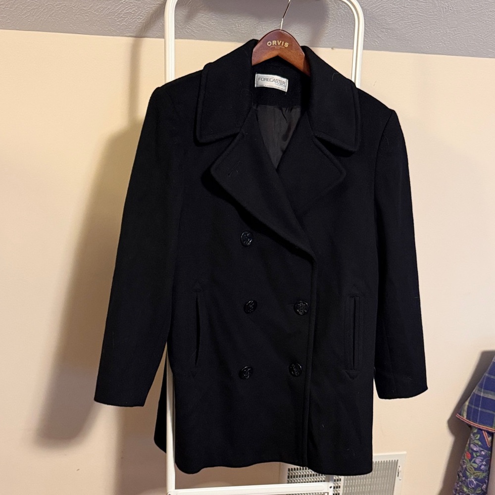 FORECASTER WOOL BLEND DOUBLE BREASTED PEA COAT  - black size 14